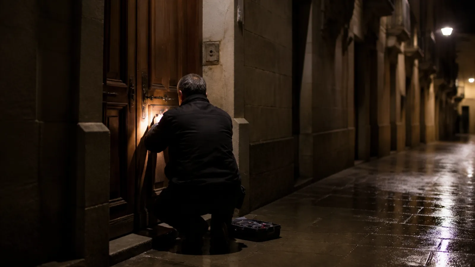 Cerrajero de urgencia trabajando de noche en la cerradura de un portal de Barcelona, visto de espalda junto a la puerta.