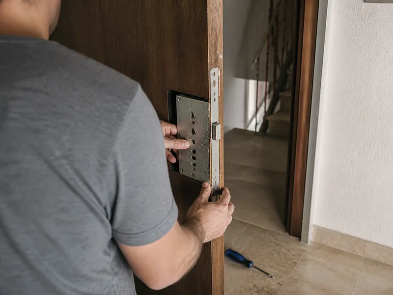 Cuerpo de cerradura embutida alineado en el canto de una puerta de madera.