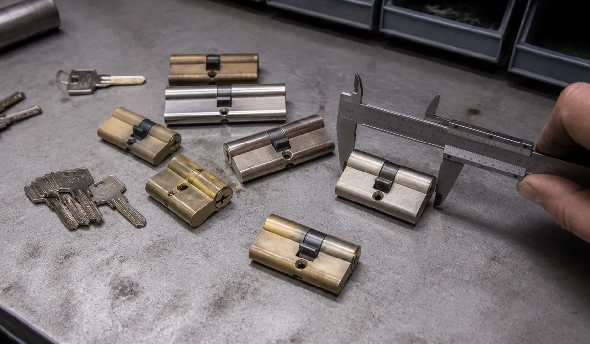 Euro-profile cylinders of different lengths on a workbench, caliper and generic keys, no readable brands.