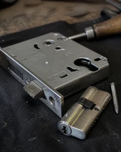 Primer plano de un bombín y una cerradura de seguridad sobre un paño de taller.