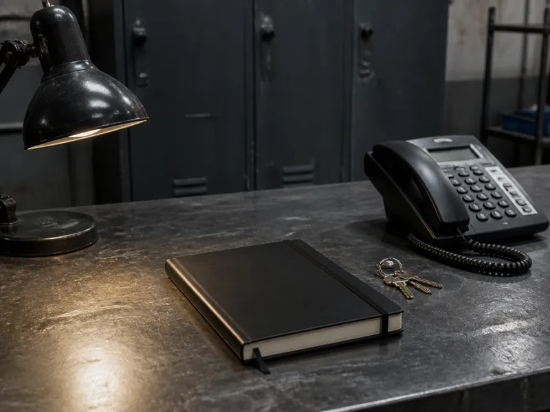 Mesa de trabajo con libreta, llaves sin marca y teléfono de oficio, lámpara industrial, sin texto legible.