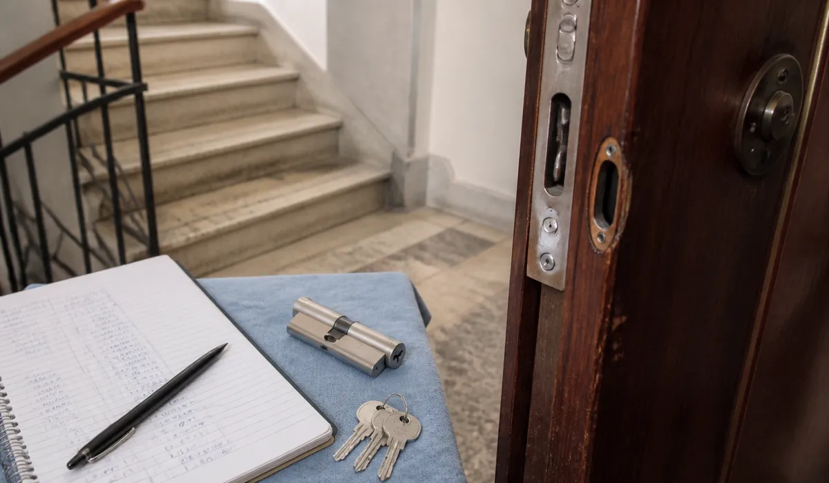 Visita de cerrajería en un rellano: libreta de trabajo, bombín sin marca y llaves sobre un paño, canto de la puerta a la vista.