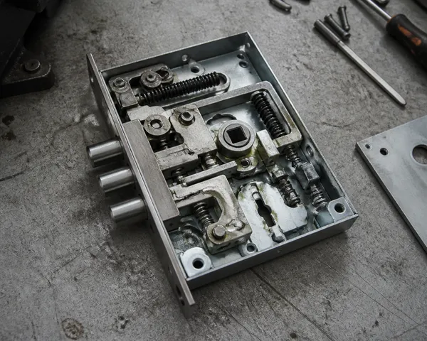 Steel mortise lock opened on a workshop surface, close-up of the mechanism.