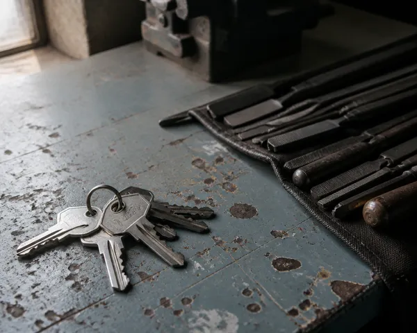 Keys and locksmith tools lined up on a painted metal bench.