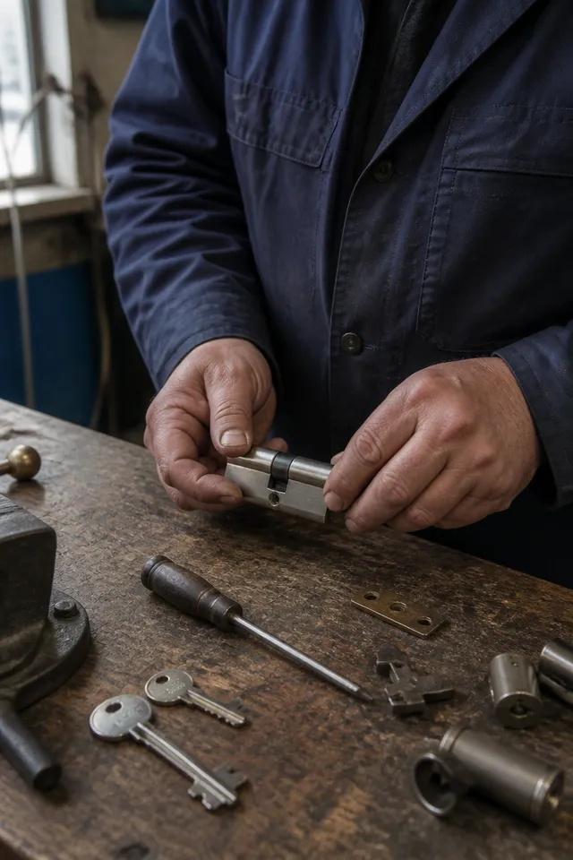 Locksmith hands fitting a cylinder on a workbench, no face visible.