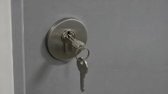 Newly installed lock on a flat door, close-up of the escutcheon and key.