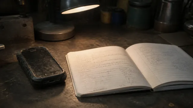 Teléfono de trabajo y libreta sobre una mesa de taller, usada para recoger una urgencia de cerrajería.