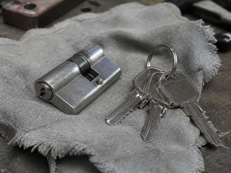 Lock cylinder removed on a workshop cloth, close-up of the barrel and keys, no brands.