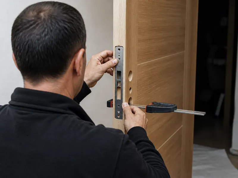 Cambio de una cerradura embutida en una puerta de madera, cerrajero de espalda alineando el frente.