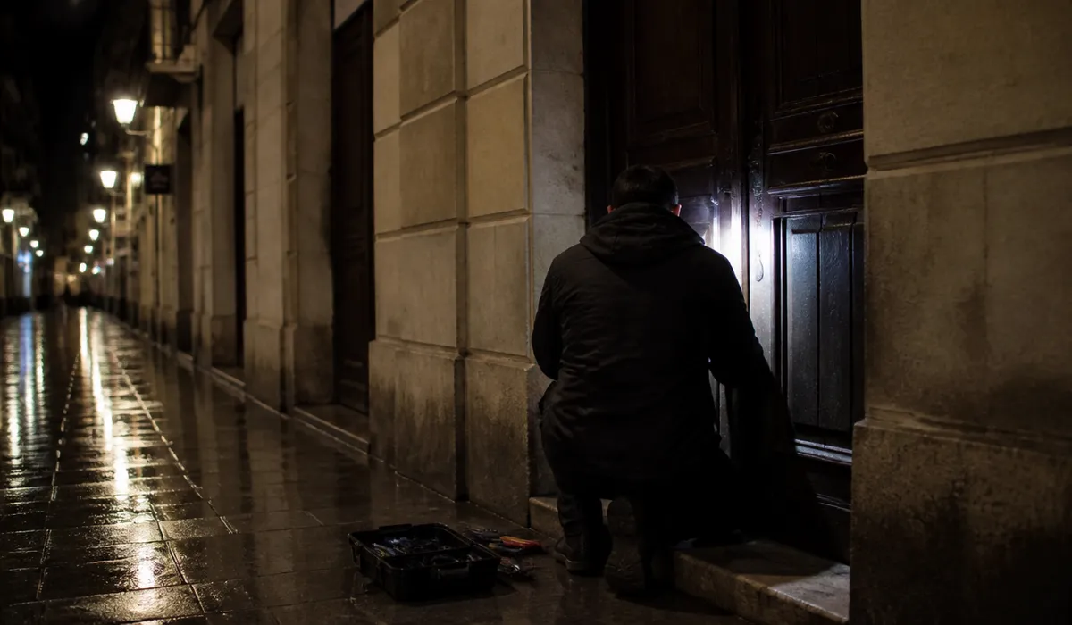 Night-time locksmith call-out at a Barcelona doorway, work lamp on the lock, no faces.