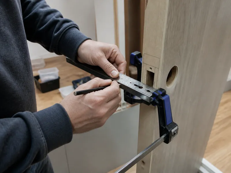 Instalación de una cerradura nueva en el canto de una puerta, herramientas de medida y sargento, sin rostros.