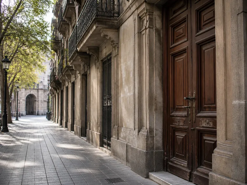 Puerta de finca en una calle arbolada del Eixample cerca de Sagrada Família, piedra y madera, sin visitantes de frente.