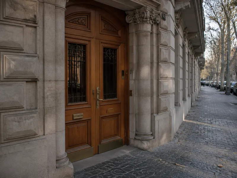 Portal de finca del Eixample en Barcelona con puerta de madera y cerradura, chaflán al fondo, sin peatones de frente.
